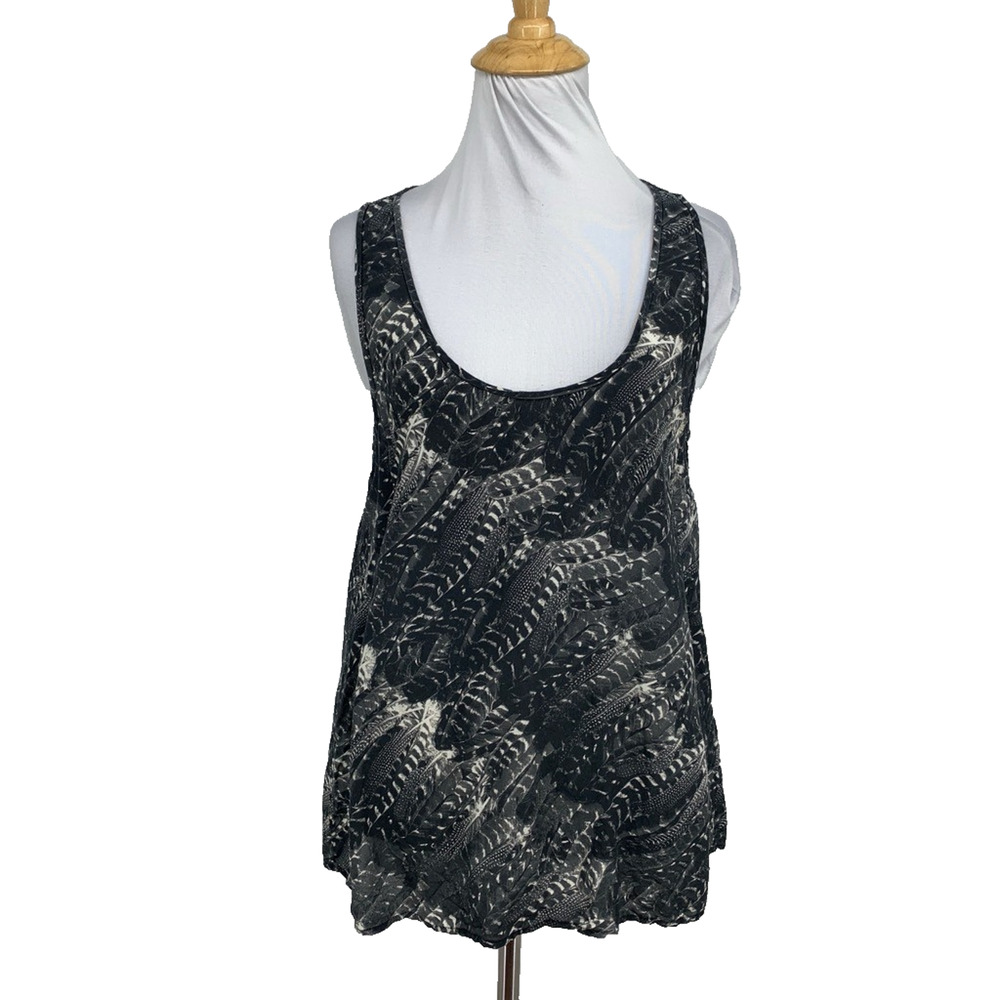 Joie Tank Top Womens S Small Graphite White Silk Allover Feather Motif Scoop
